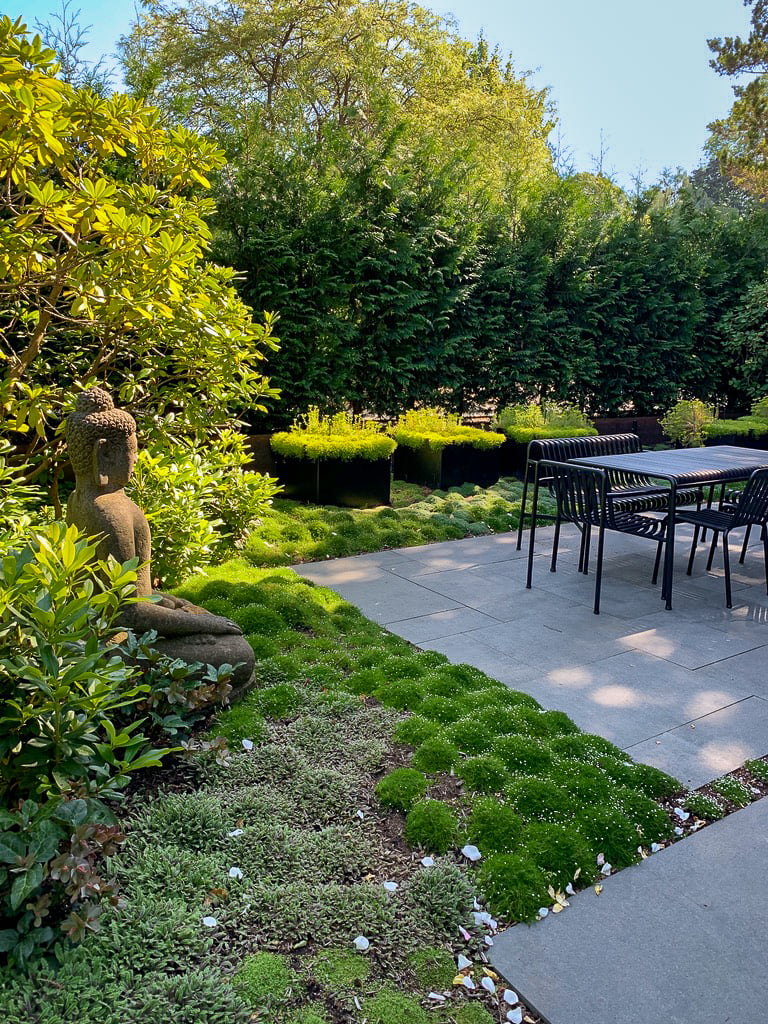 Buddha statue in moss garden with stone terrace and dining table