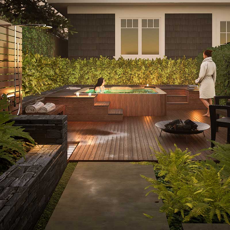 Forest-spa-concept-3D Concept 3D landscape design render of rainforest hot tub on wood deck with outdoor shower