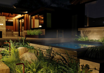 West Vancouver spa at night with planting and landscape lighting