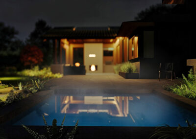 West Vancouver spa at night with covered dining terrace behind