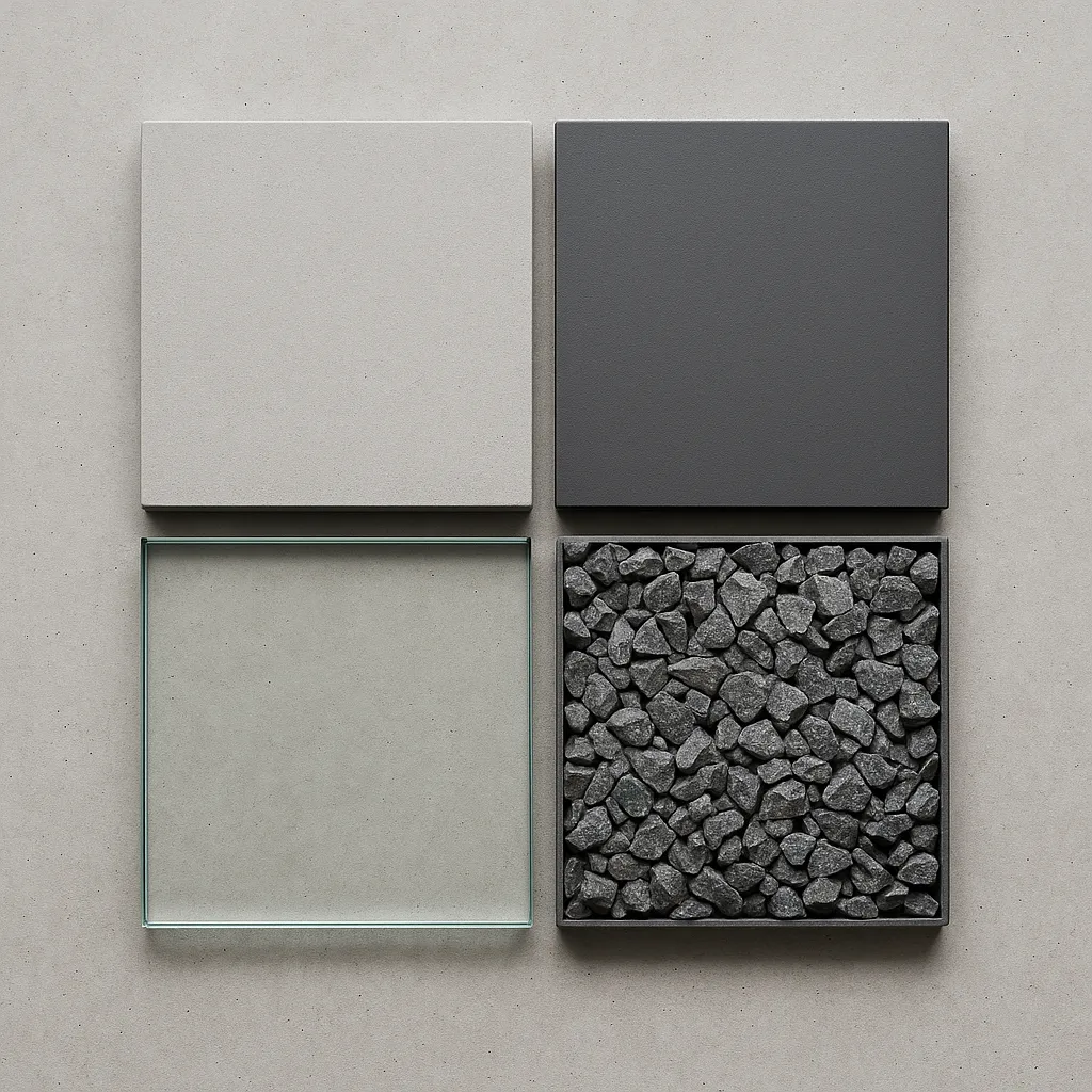 Four textured material samples displayed.