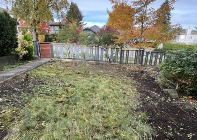 East Vancouver front yard before landscape redesign — sparse lawn, minimal planting, and limited street privacy on a corner lot.